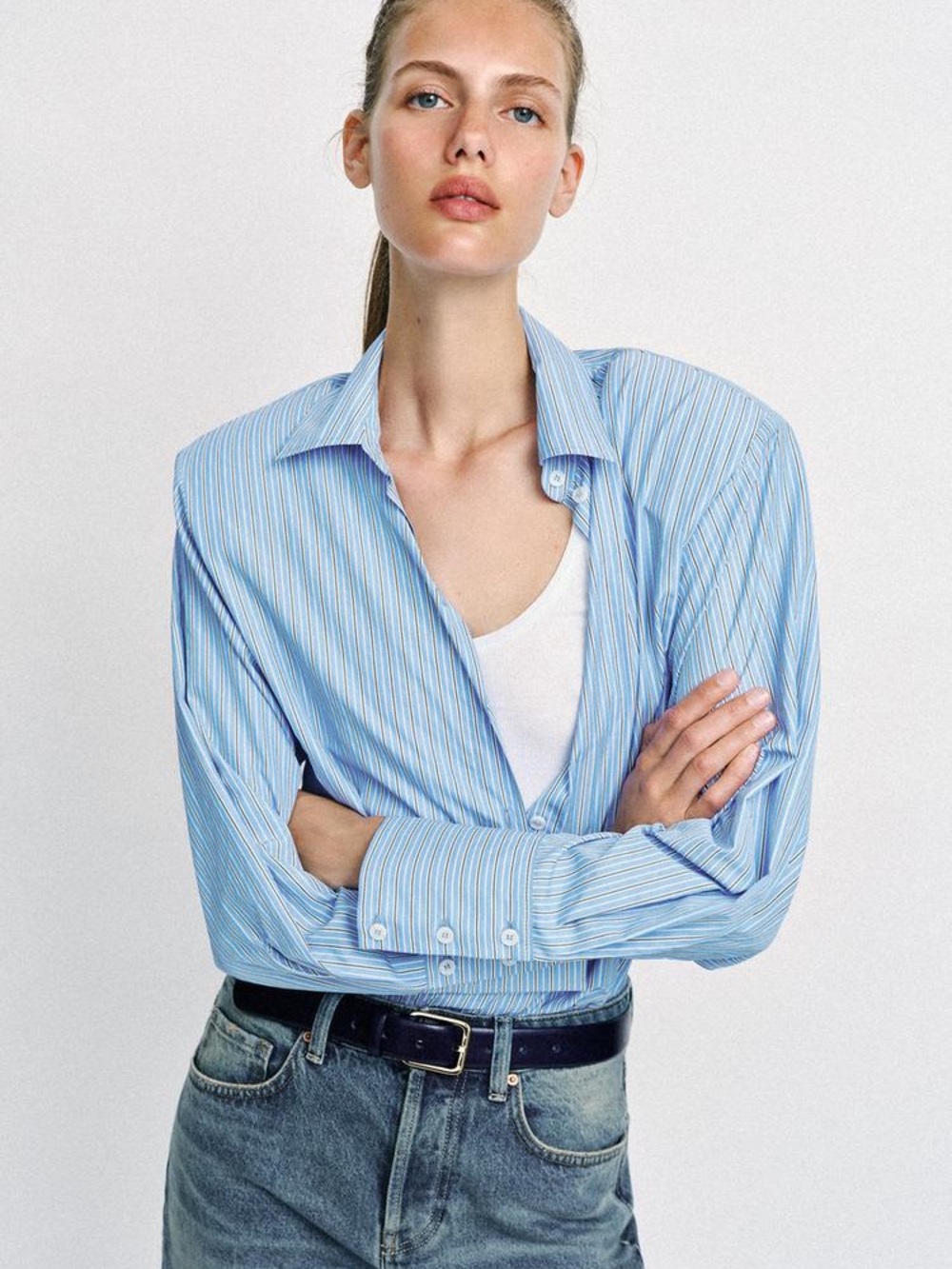 Zara Blue and White Vertical-Stripe Dress Shirt